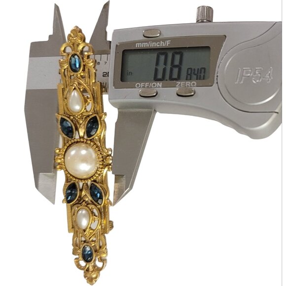 1928 Brand Gold Tone Blue Rhinestone Faux Pearl Long Bar Brooch K541 - Picture 7 of 8